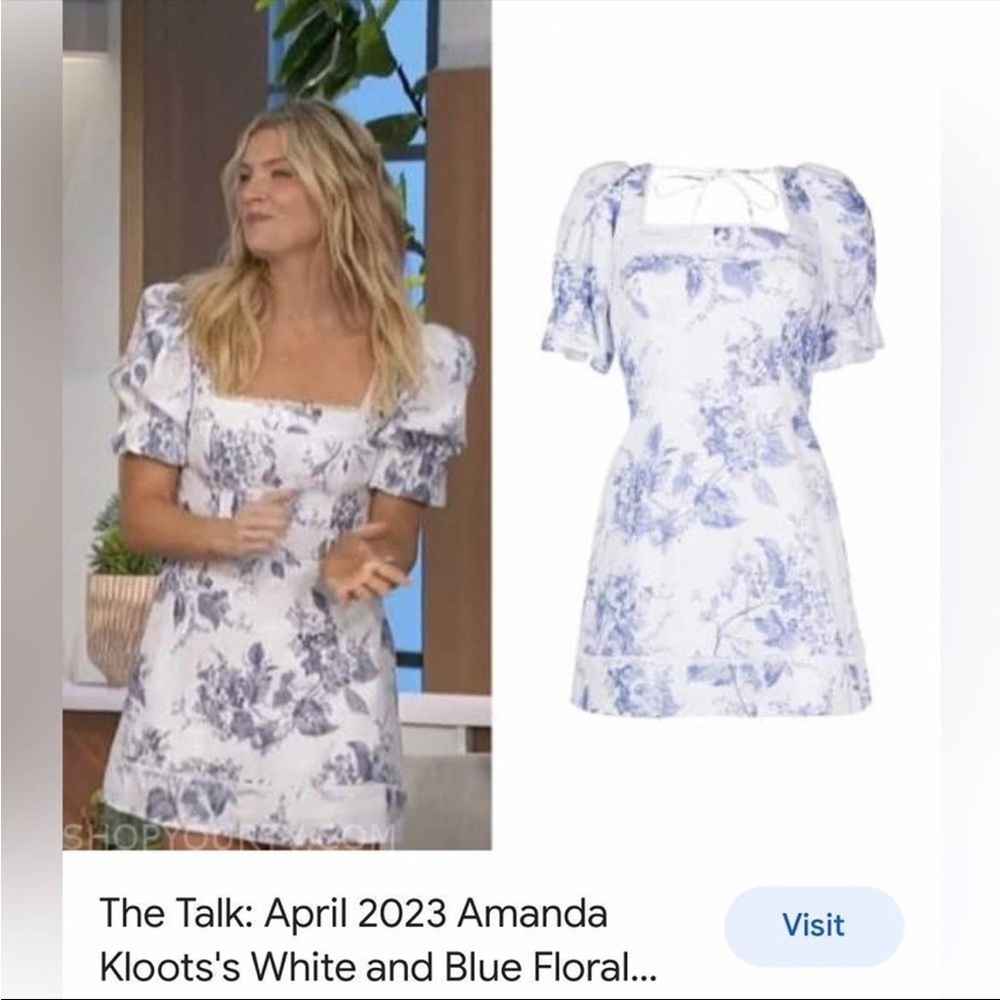 REFORMATION Evianna Linen Blue & White Toile Puff Sleeve Mini Dress US 8 NWT - Picture 4 of 5